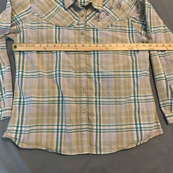 Cabelas Shirt Womens XL Beige Green Plaid Western Embroidered Floral Cotton - Picture 4 of 8